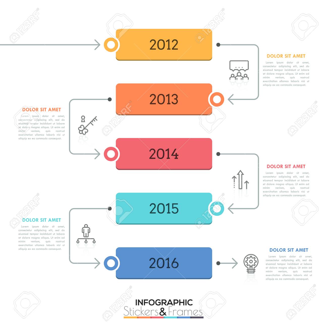 垂直時間軸 矢印で接続された 5 つの長方形要素の中年を示す のイラスト素材 ベクタ Image