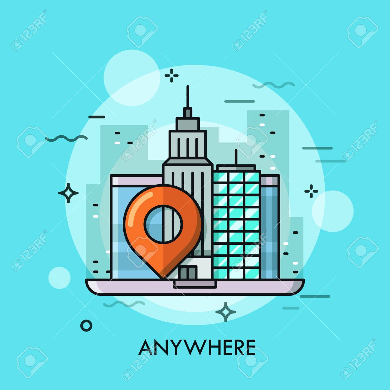 高層ビル ノートパソコンの画面とロケーションマークを持つ市内中心部 ビジネス観光や旅行 オンライン旅行サービスのコンセプト バナー パンフレット ウェブサイト プレゼンテーション ポスターのためのベクトルイラスト のイラスト素材 ベクタ Image