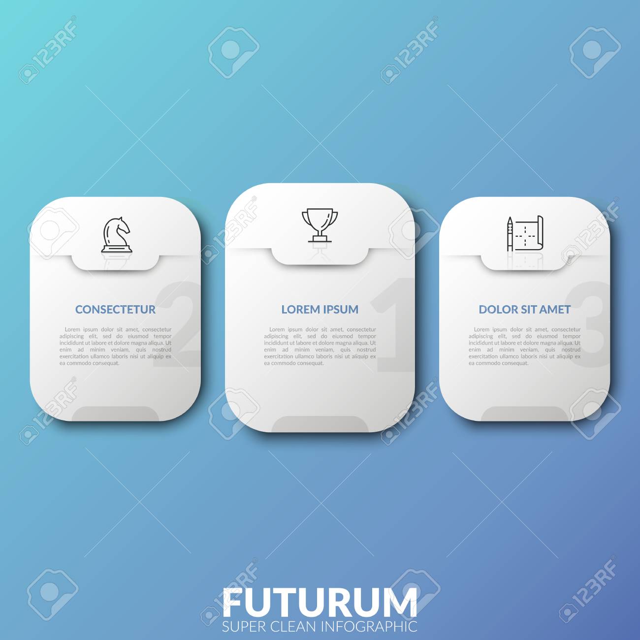 three separate white rounded rectangles with numbers thin line