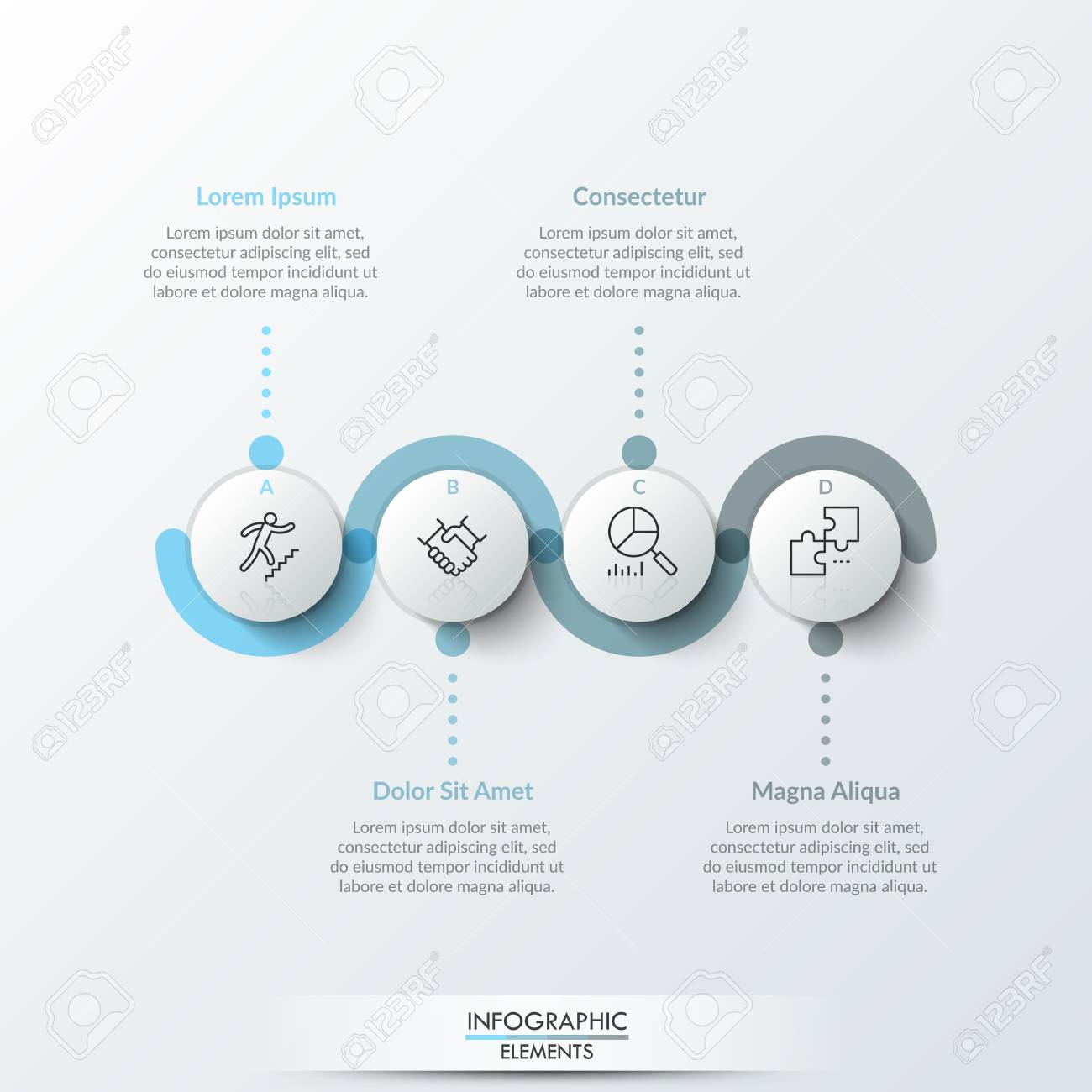 Four round paper white elements with linear symbols inside, translucent line curving around it and text boxes. Concept of 4 steps to business growth. Infographic design template. Vector illustration. - 102308643 Four round paper white elements with linear symbols inside, translucent line curving around it and text boxes. Concept of 4 steps to business growth. Infographic design template. Vector illustration. - 102308643