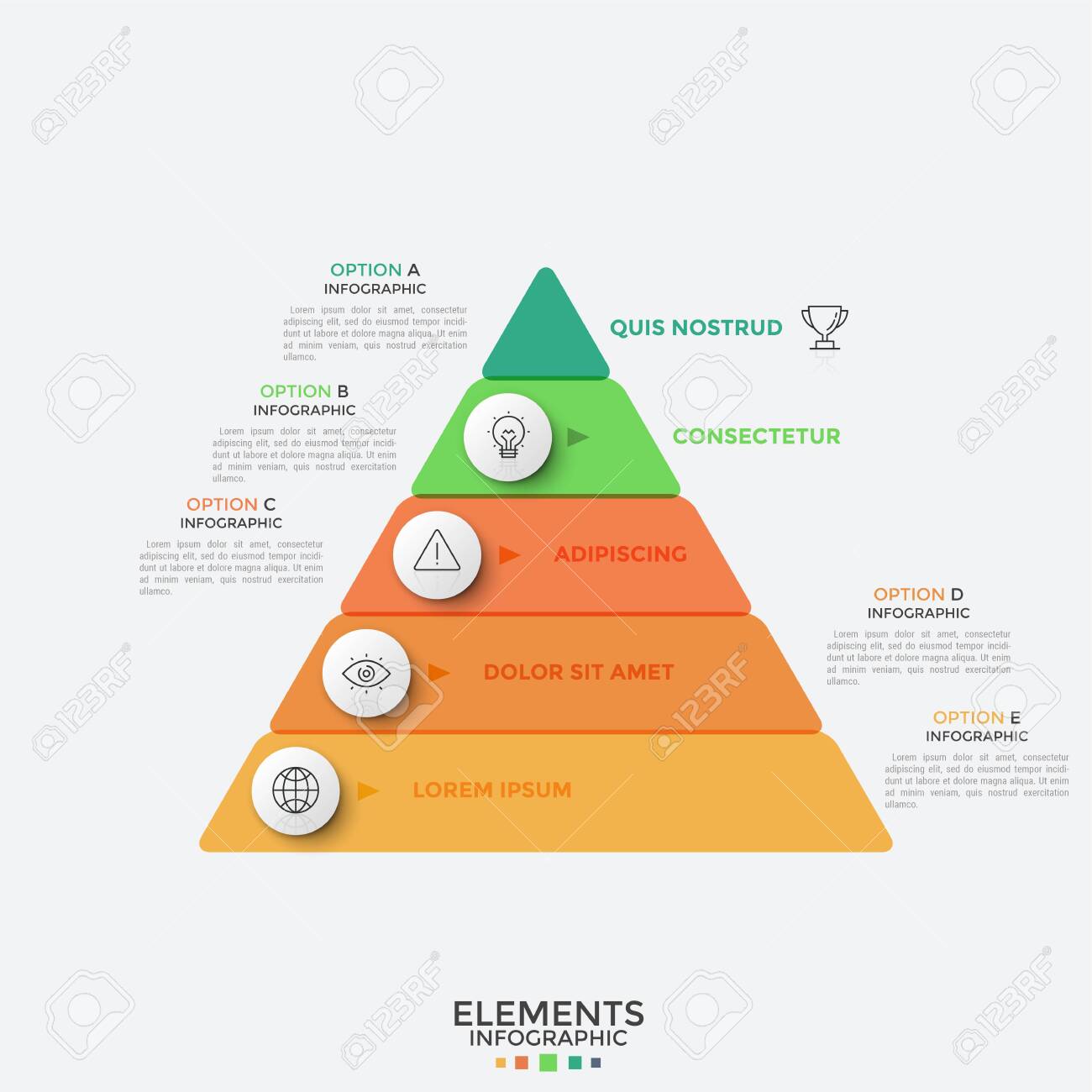 triangle divided into 5 colorful horizontal parts thin line horizontal hierarchy