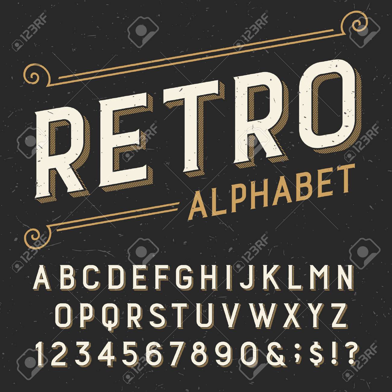 레트로 알파벳 벡터 글꼴입니다. 고딕 형 문자, 숫자 및 기호. 어두운 고민 긁힌 배경에. 라벨, 헤드 라인, 포스터 등 주식 벡터  타이포그래피 로열티 무료 사진, 그림, 이미지 그리고 스톡포토그래피. Image 43676073