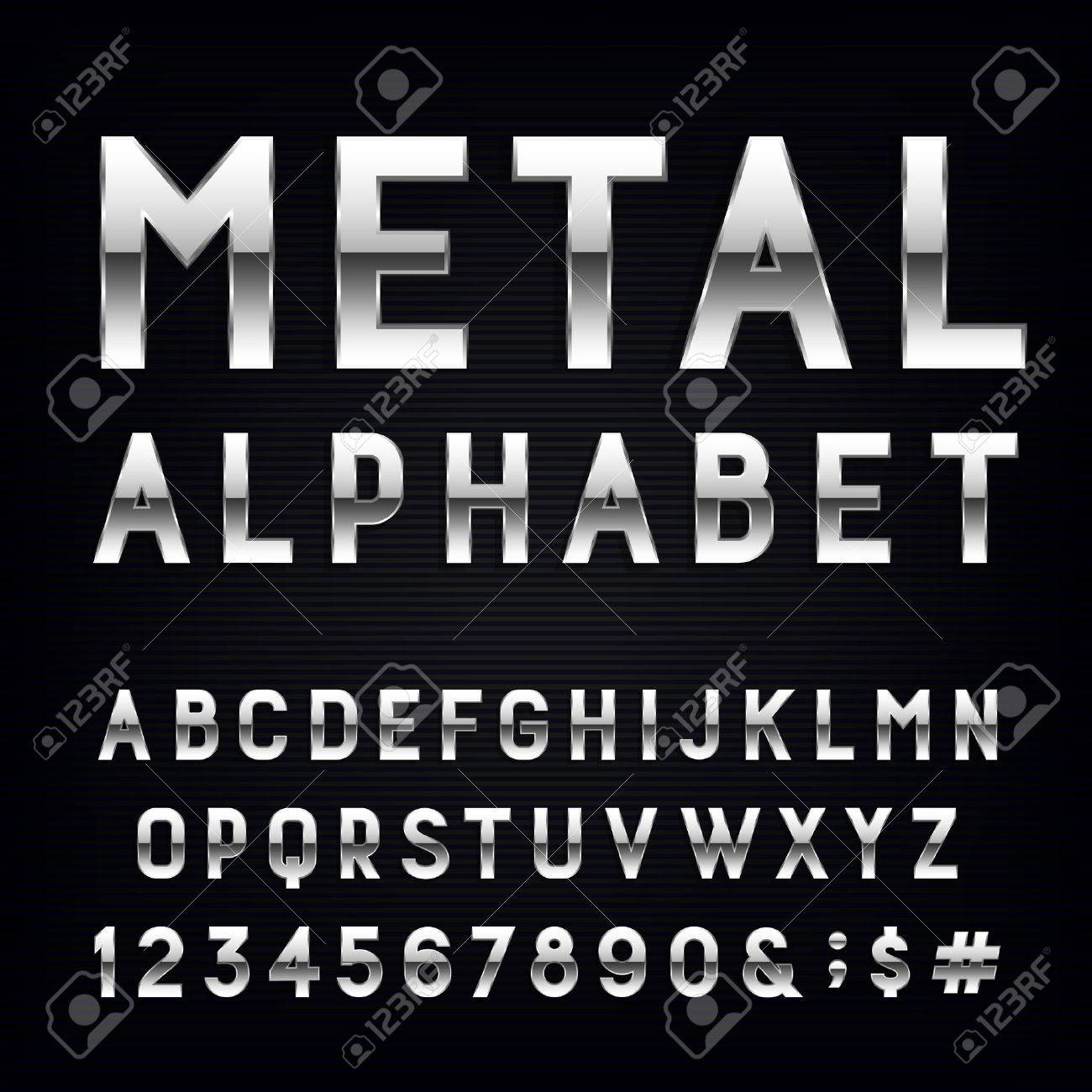 Metal Alphabet Vector Font. Type letters, numbers and punctuation marks. Chrome effect letters on dark background. Vector typeset for headlines, posters etc. - 45732568 Metal Alphabet Vector Font. Type letters, numbers and punctuation marks. Chrome effect letters on dark background. Vector typeset for headlines, posters etc. - 45732568