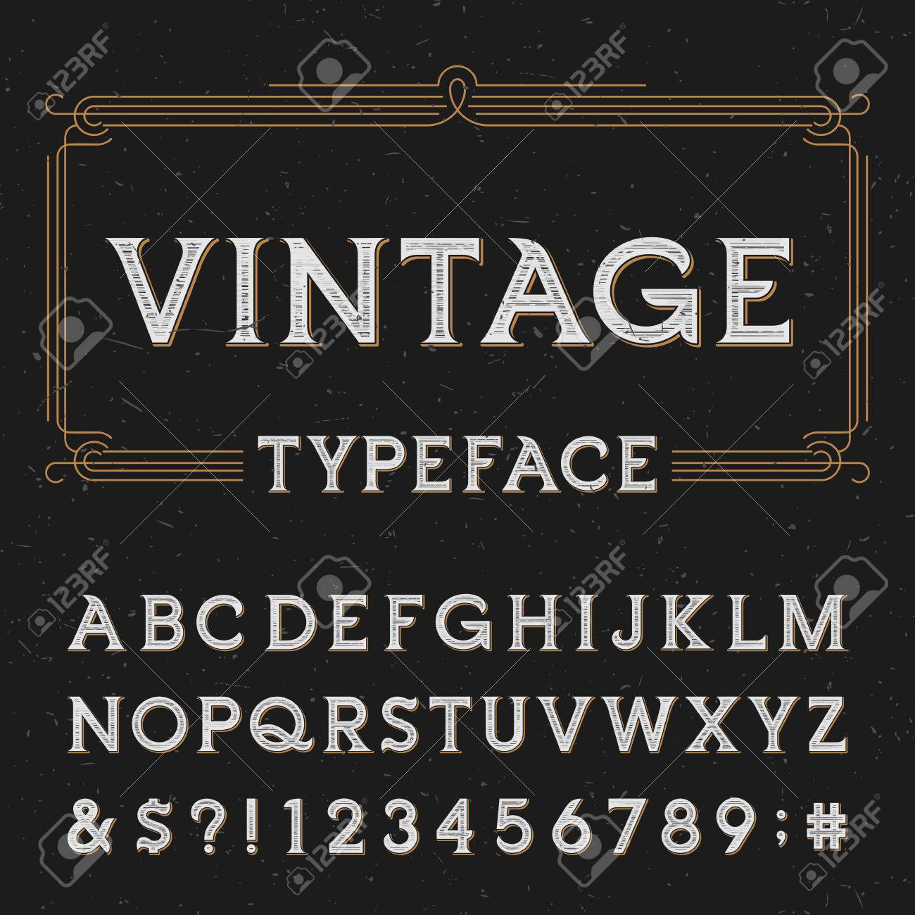 Vintage vector typeface. Type letters, numbers and symbols on a dark distressed background. Alphabet font for labels, headlines, posters etc. - 48351846 Vintage vector typeface. Type letters, numbers and symbols on a dark distressed background. Alphabet font for labels, headlines, posters etc. - 48351846