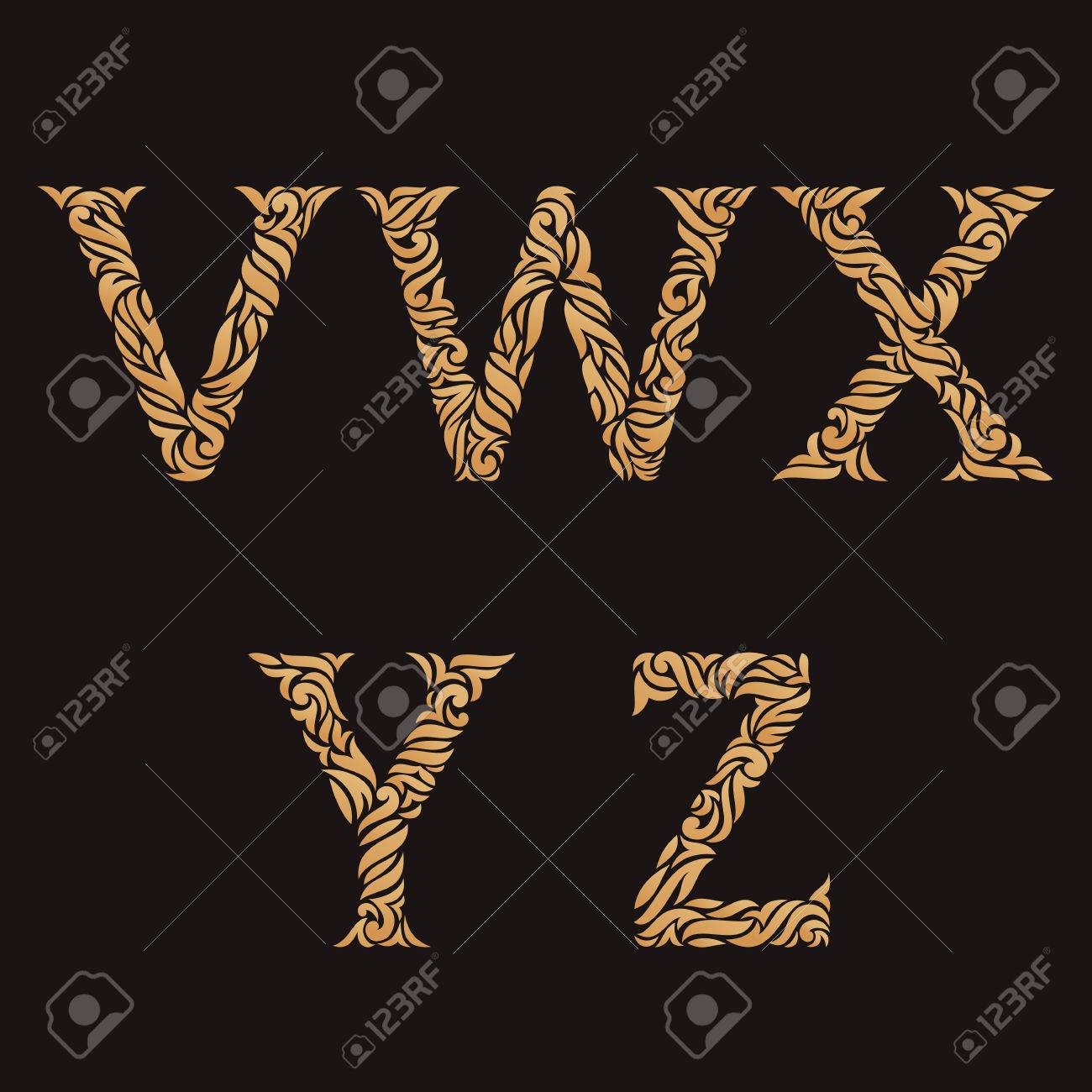 Lettres Initiales Decoratives V W X Y Z Vector Illustration Des Lettres De L Alphabet En Casquettes Monogrammes Dores Ornes Clip Art Libres De Droits Vecteurs Et Illustration Image