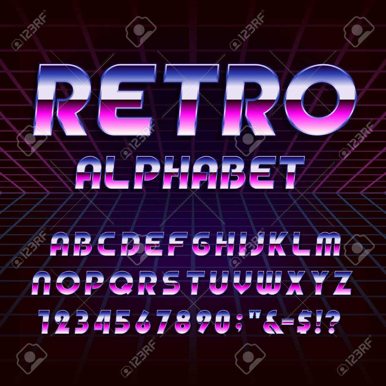 80's retro alphabet vector font. Metallic effect letters and numbers on the 80's style background. Vector typography for flyers, headlines, posters etc. - 52897949 80's retro alphabet vector font. Metallic effect letters and numbers on the 80's style background. Vector typography for flyers, headlines, posters etc. - 52897949