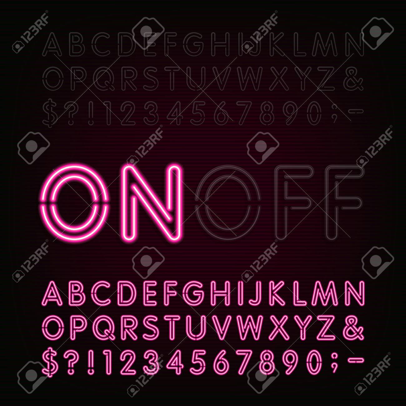 Neon Light Alphabet Font. Two different styles. Lights on or off. Type letters, numbers and symbols. Red neon tube letters on a dark background. typeface for animation, labels, titles, posters etc. - 53799470 Neon Light Alphabet Font. Two different styles. Lights on or off. Type letters, numbers and symbols. Red neon tube letters on a dark background. typeface for animation, labels, titles, posters etc. - 53799470
