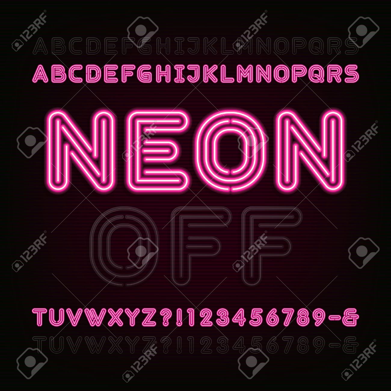 Neon Light Alphabet Font. Two different styles. Lights on or off. Bold type letters, numbers and symbols. Red neon tube letters on a dark background. typeface for animation, labels, titles, posters etc. - 54269643 Neon Light Alphabet Font. Two different styles. Lights on or off. Bold type letters, numbers and symbols. Red neon tube letters on a dark background. typeface for animation, labels, titles, posters etc. - 54269643