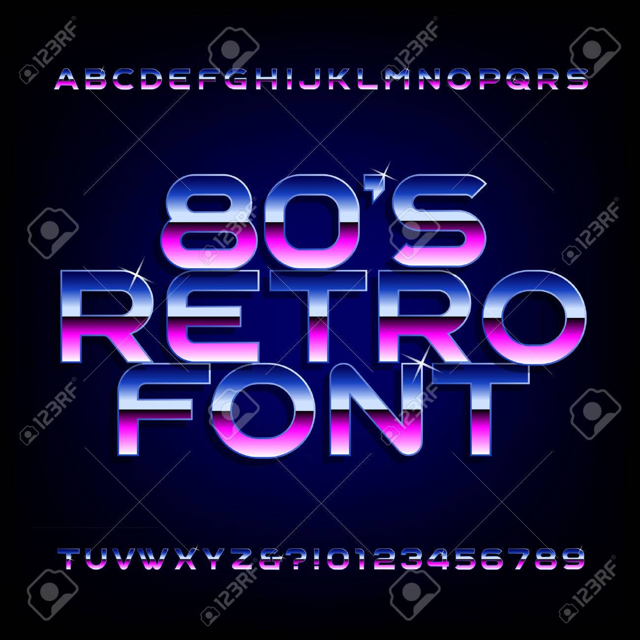 80's retro alphabet font. Metallic effect shiny letters and numbers. - 58457548 80's retro alphabet font. Metallic effect shiny letters and numbers. - 58457548