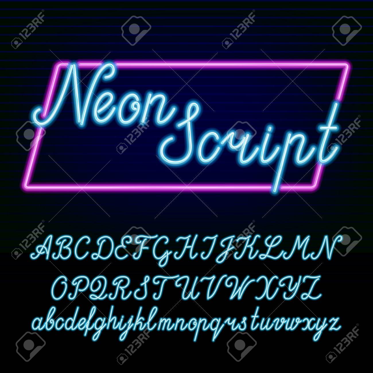 Neon tube alphabet font. Hand drawn script type letters and numbers on a dark background. - 61054742 Neon tube alphabet font. Hand drawn script type letters and numbers on a dark background. - 61054742