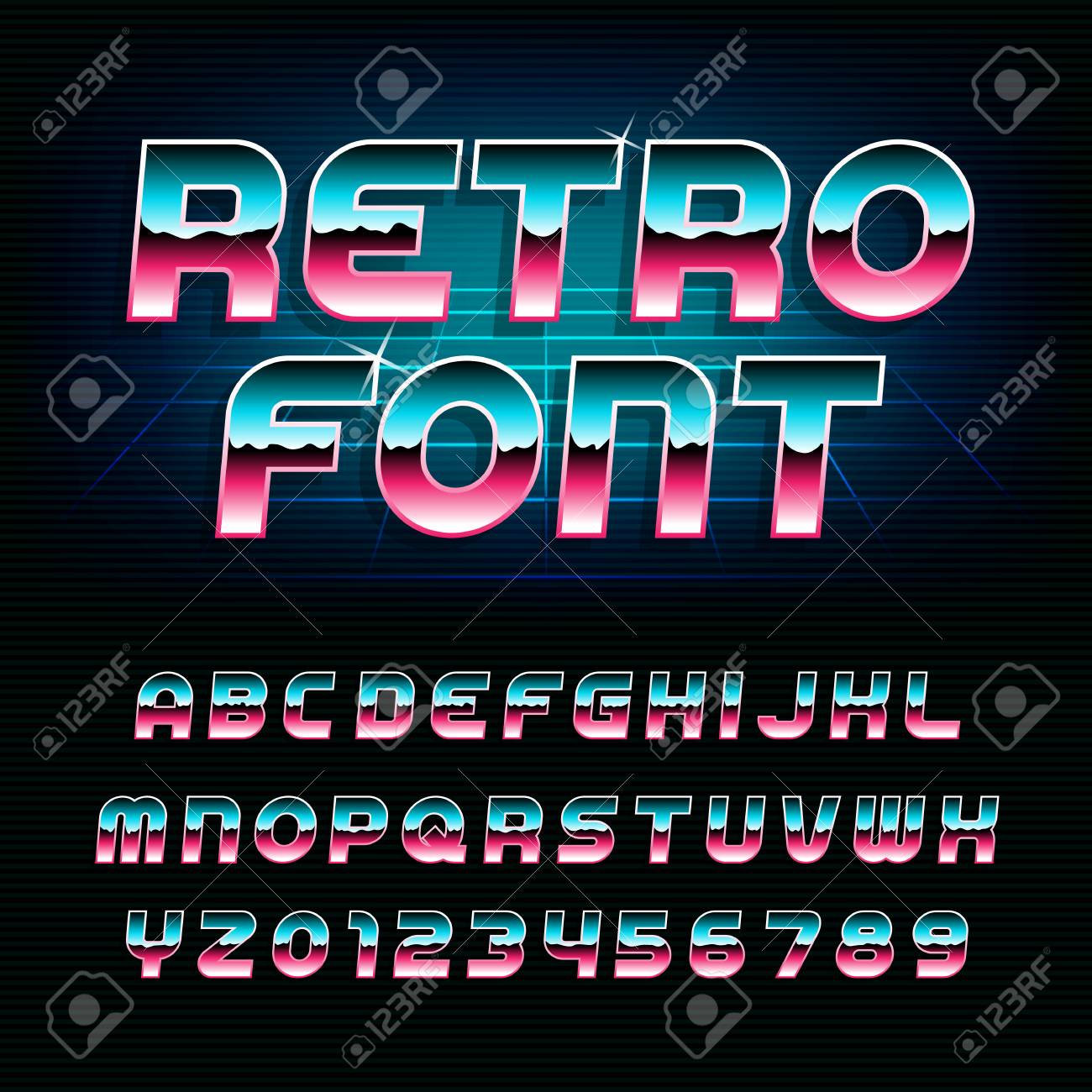 80 s retro alphabet font metallic effect shiny oblique letters