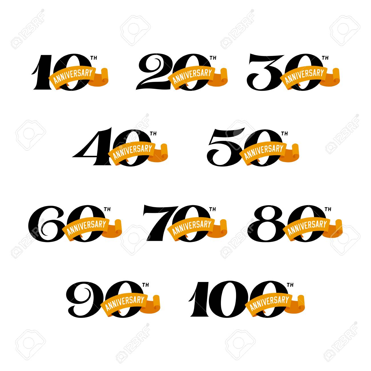 Set of anniversary signs from 10 to 100. Numbers on a white background. Stock Vector signs design elements. - 95737572 Set of anniversary signs from 10 to 100. Numbers on a white background. Stock Vector signs design elements. - 95737572