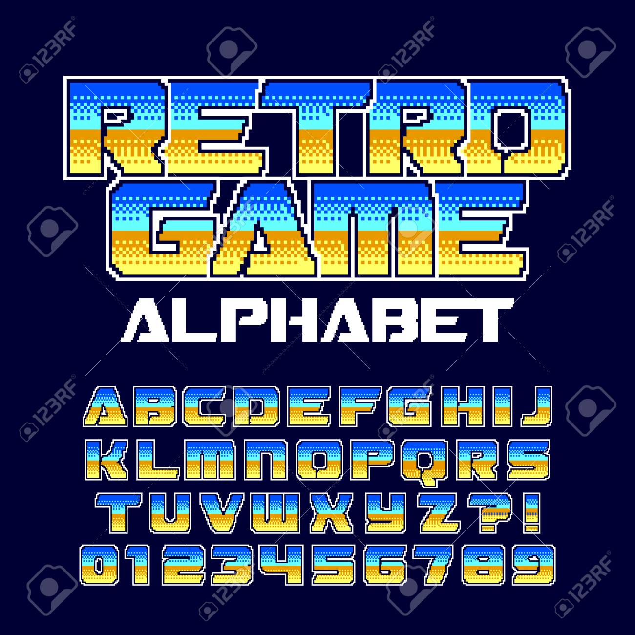 Retro Computer Game Alphabet Font Pixel Gradient Letters And