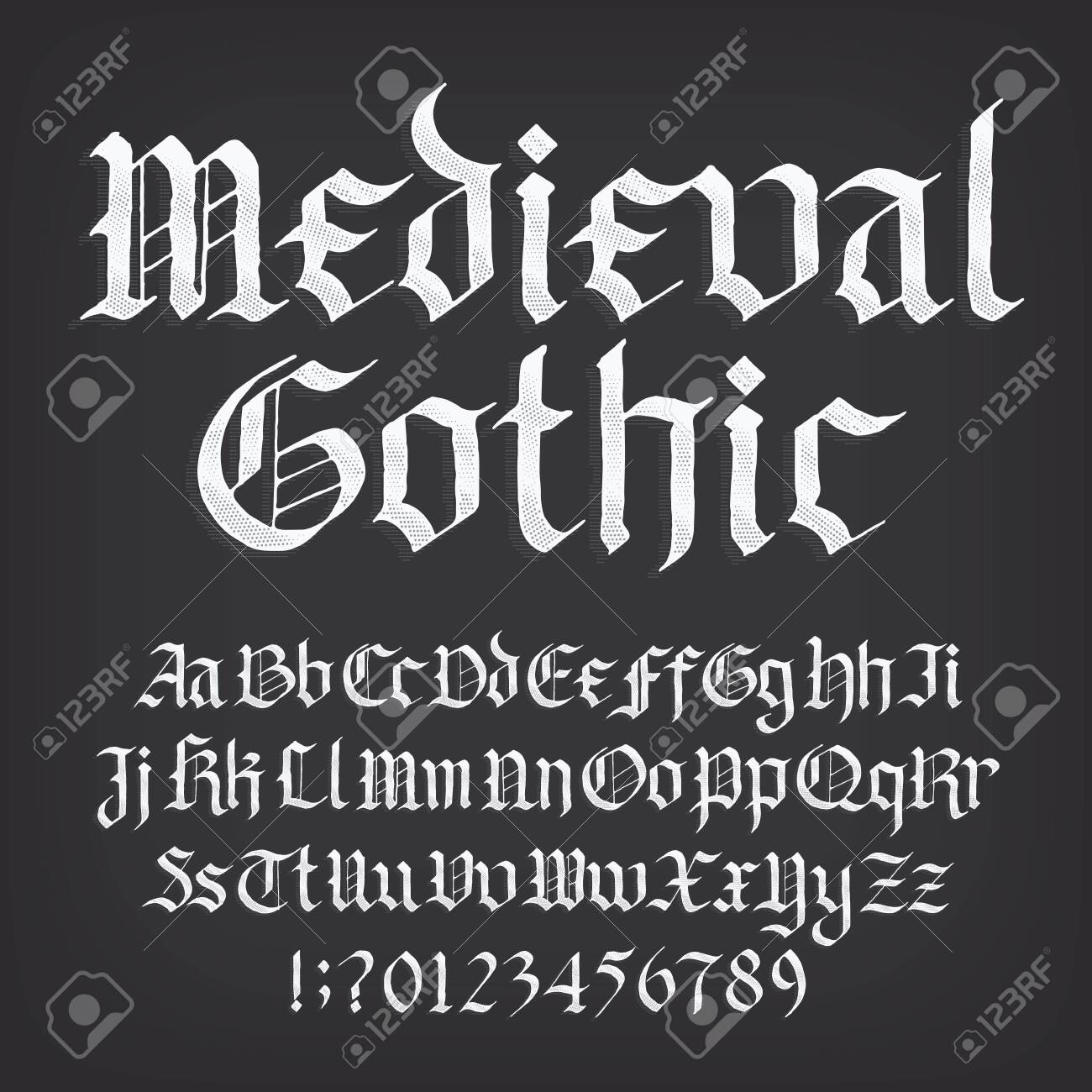 中世ゴシックアルファベットフォント。古い大文字と小文字、記号