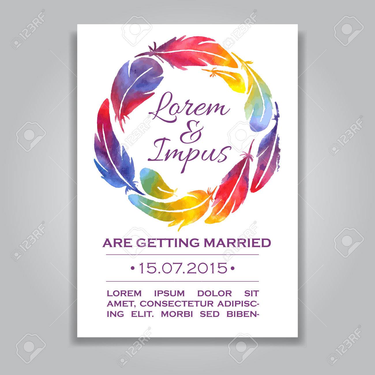 Vector Wedding Invitation Card With Watercolor Feather Wreathe Template Wedding Invitation Or Announcements Save The Date Wedding Invitation In Rainbow Colors Great For And Wedding Royalty Free Cliparts Vectors And Stock Illustration