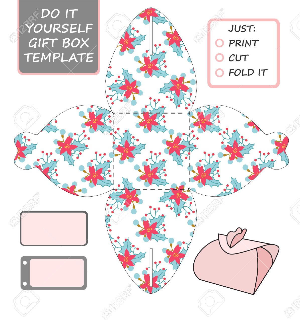favor gift box die cut box template with winter floral pattern