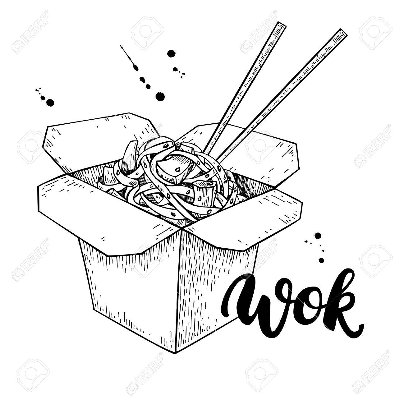 wok vector drawing with lettering isolated chinese box and