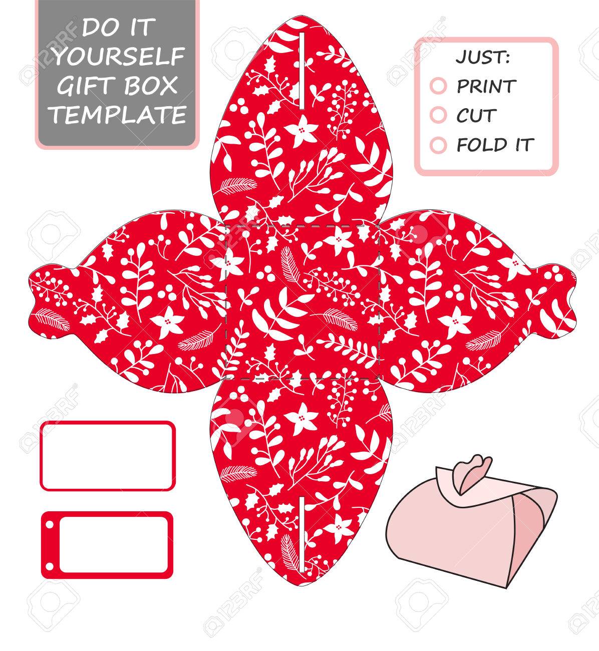 Stella Di Natale Cartamodello.Vettoriale Vettore Di Natale Modello Confezione Regalo Favore Confezione Regalo Die Tagliato Modello Box Reticolo Rosso E Bianco Con Agrifoglio Vischio E La Stella Di Natale Image 62263981