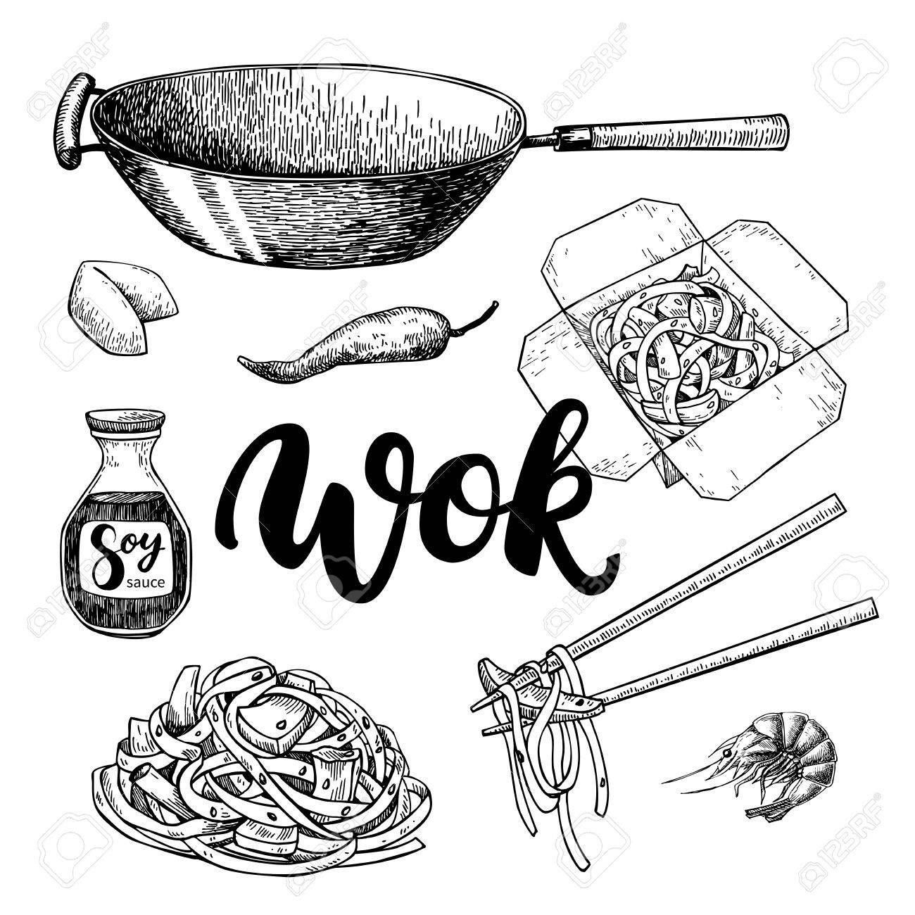 鍋ベクトル文字で描画します 孤立した中国ボックス 麺 野菜と醤油の箸 手描き高速アジア料理イラストの詳細 バナー ポスター メニューの装飾に最適の イラスト素材 ベクタ Image