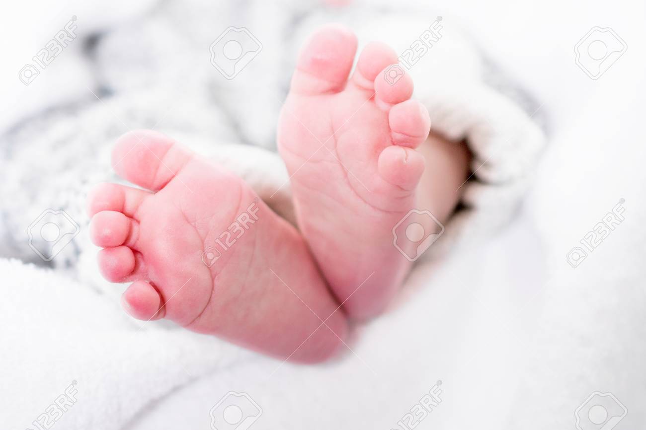 closeup of newborn baby feet template for baby book or baby stock