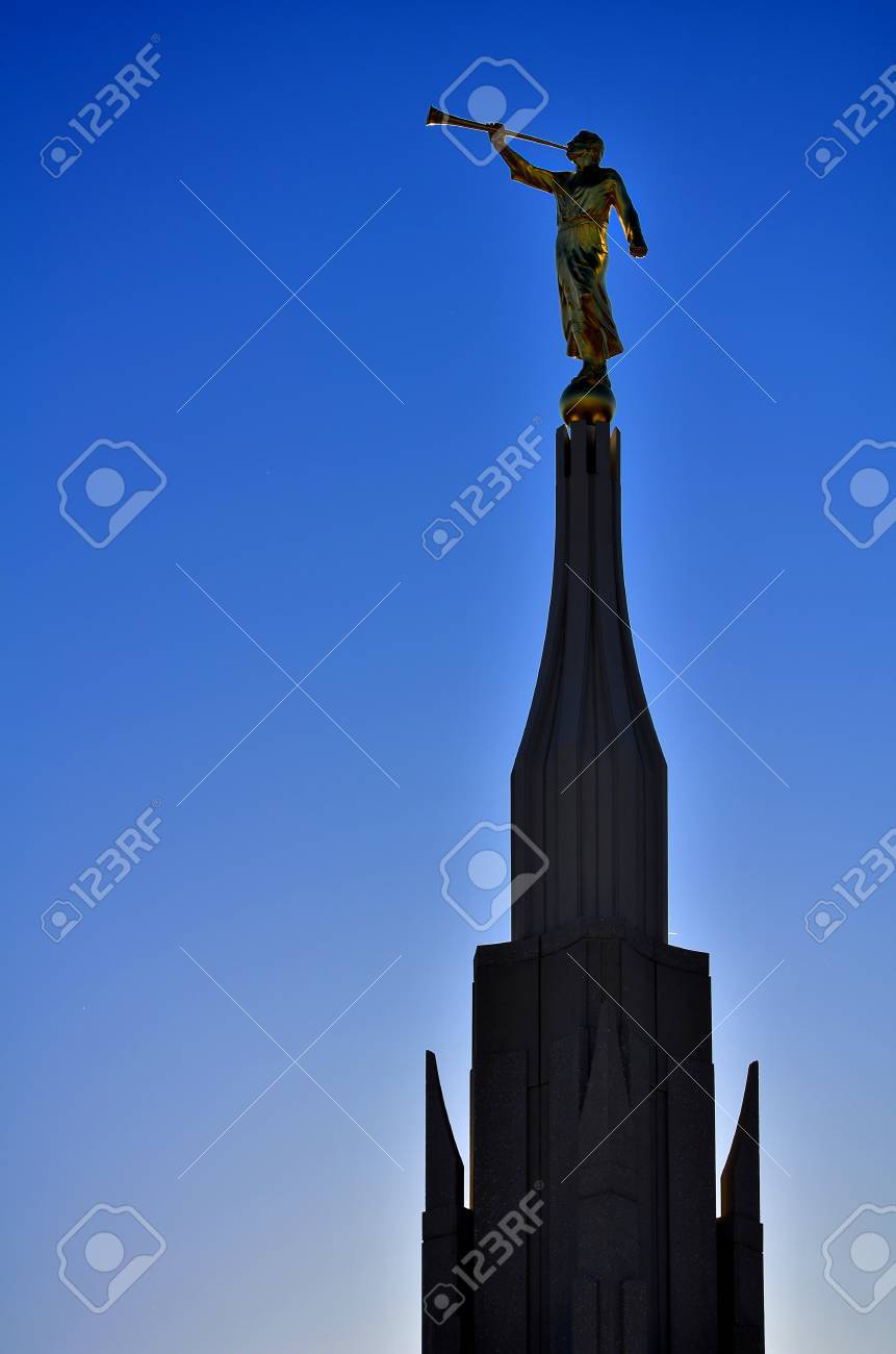 detail of phoenix mormon temple with statue of angel moroni lds