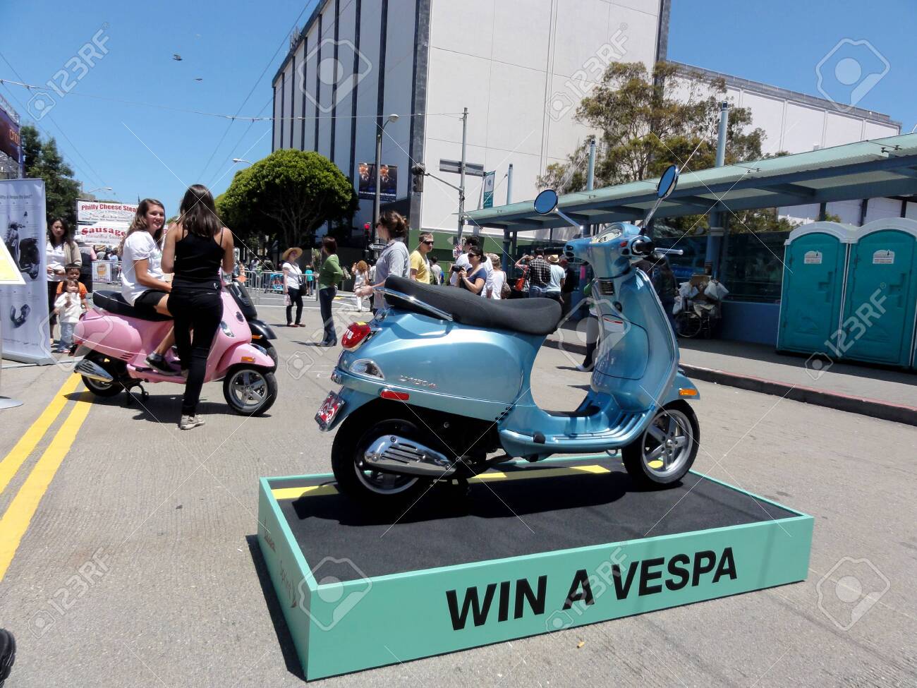 San Francisco July 2 2011 Win A Vespa Motor Scooter Display Stock Photo Picture And Royalty Free Image Image 133369530