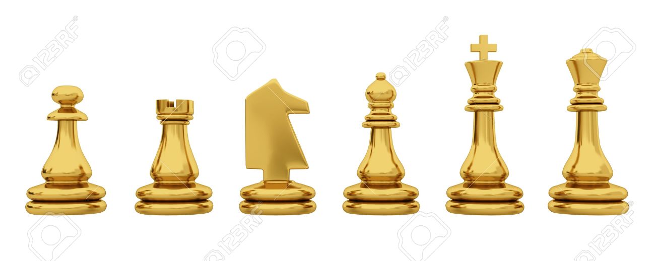 golden chess pieces isolated on white background stock photo