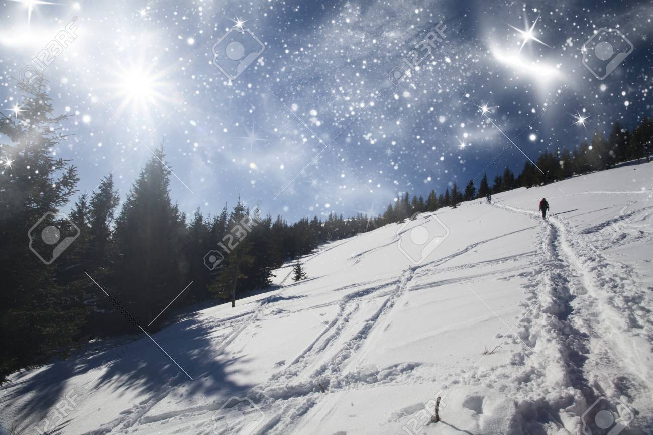 Christmas Background With Snowy Path On The Hillside Stock Photo