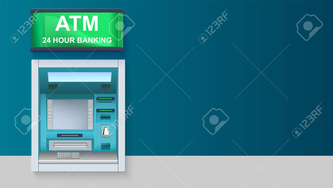 ATM - 녹색 라이트 박스, 24 시간 뱅킹 자동화 된 텔러 시스템. 가로로 긴 배경, 3D 일러스트 레이 션에 대 한 광고에 대 한  ATM 터미널 템플릿. 로열티 무료 사진, 그림, 이미지