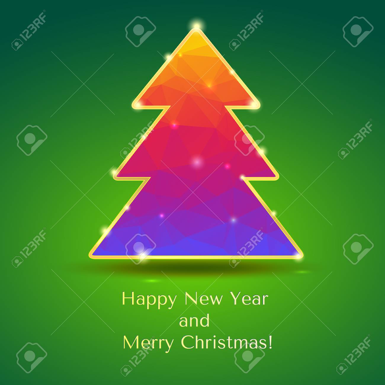 キラキラと点滅クリスマス ツリー ゴールド色の三角形から新年のツリーは あいさつ文 3 D 図で緑色の背景でトリムします のイラスト素材 ベクタ Image