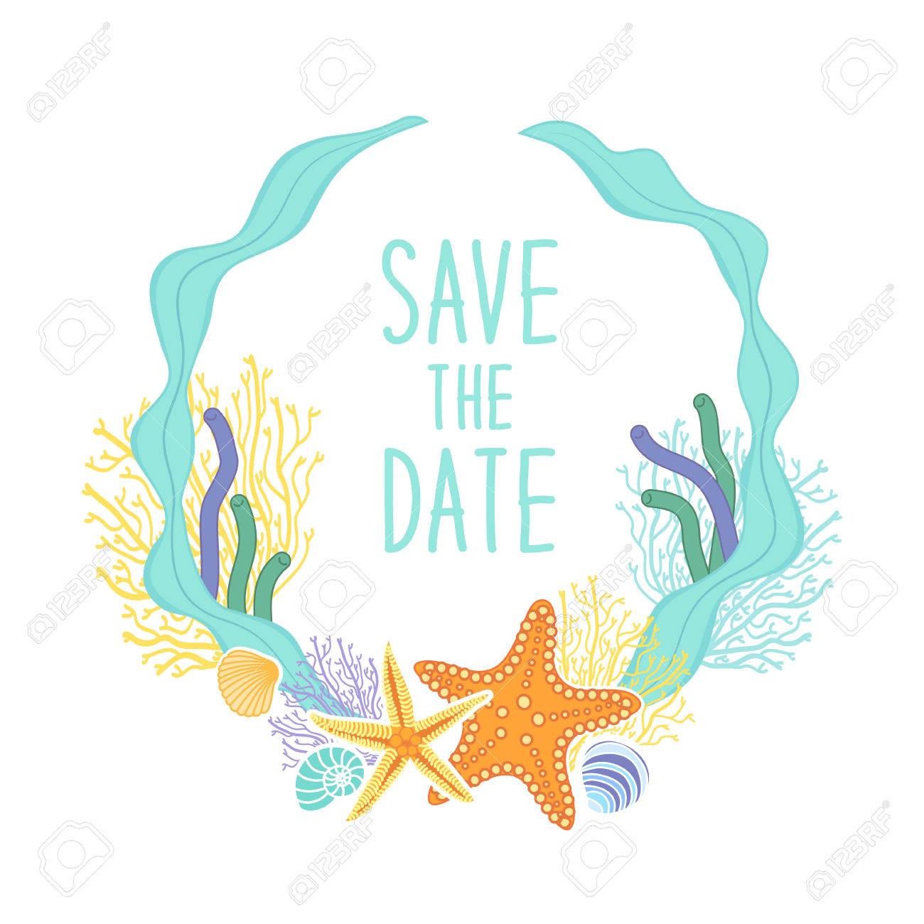 手描きの貝殻とヒトデかわいい海洋花輪 のイラスト素材 ベクタ Image