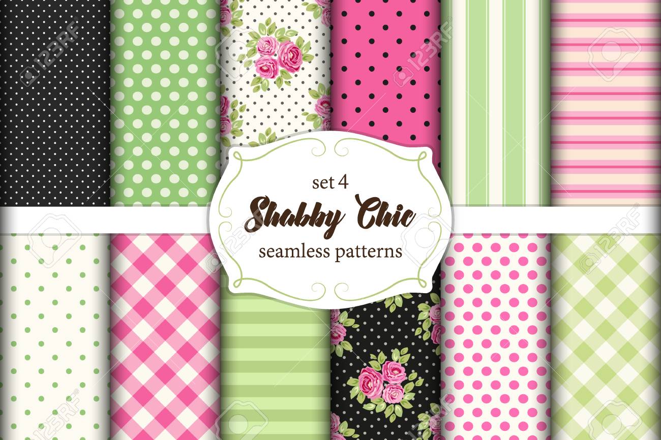 set of 12 cute seamless shabby chic patterns with roses polka polka dot and stripes
