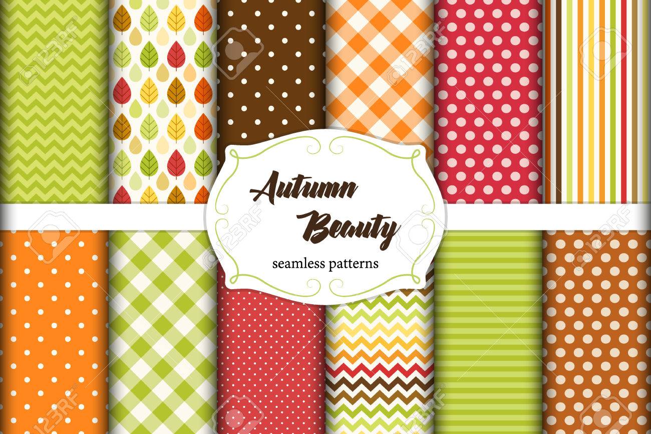 set of 12 cute seamless autumn beauty patterns with leaves polka polka dot and stripes