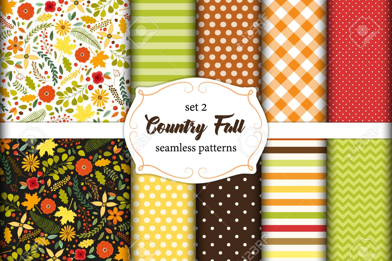 set of 12 cute seamless country fall patterns with primitive polka dot and stripes