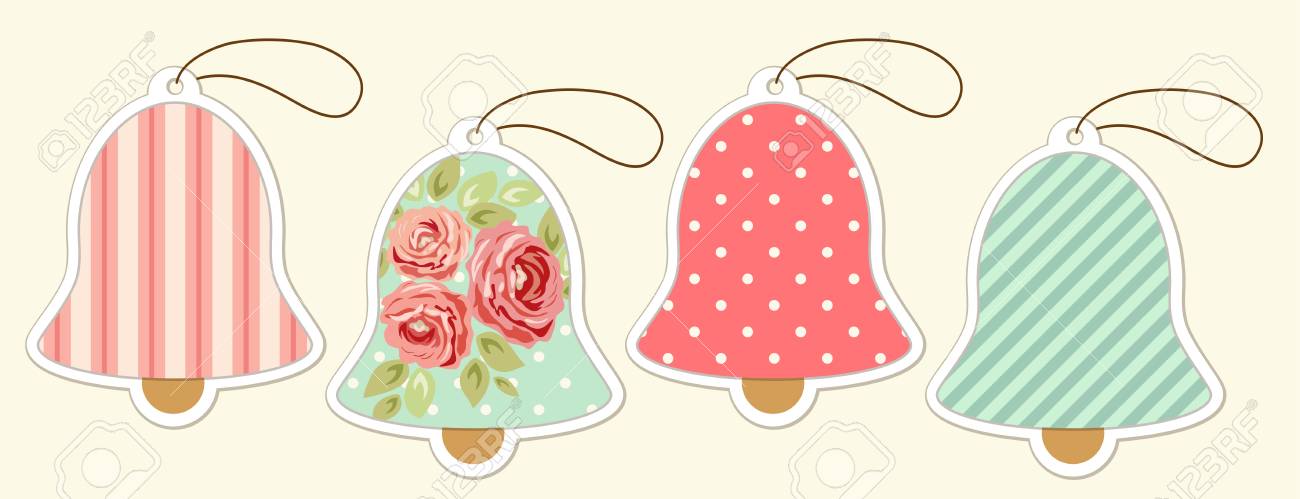 set of cute vintage christmas bell price tags in shabby chic