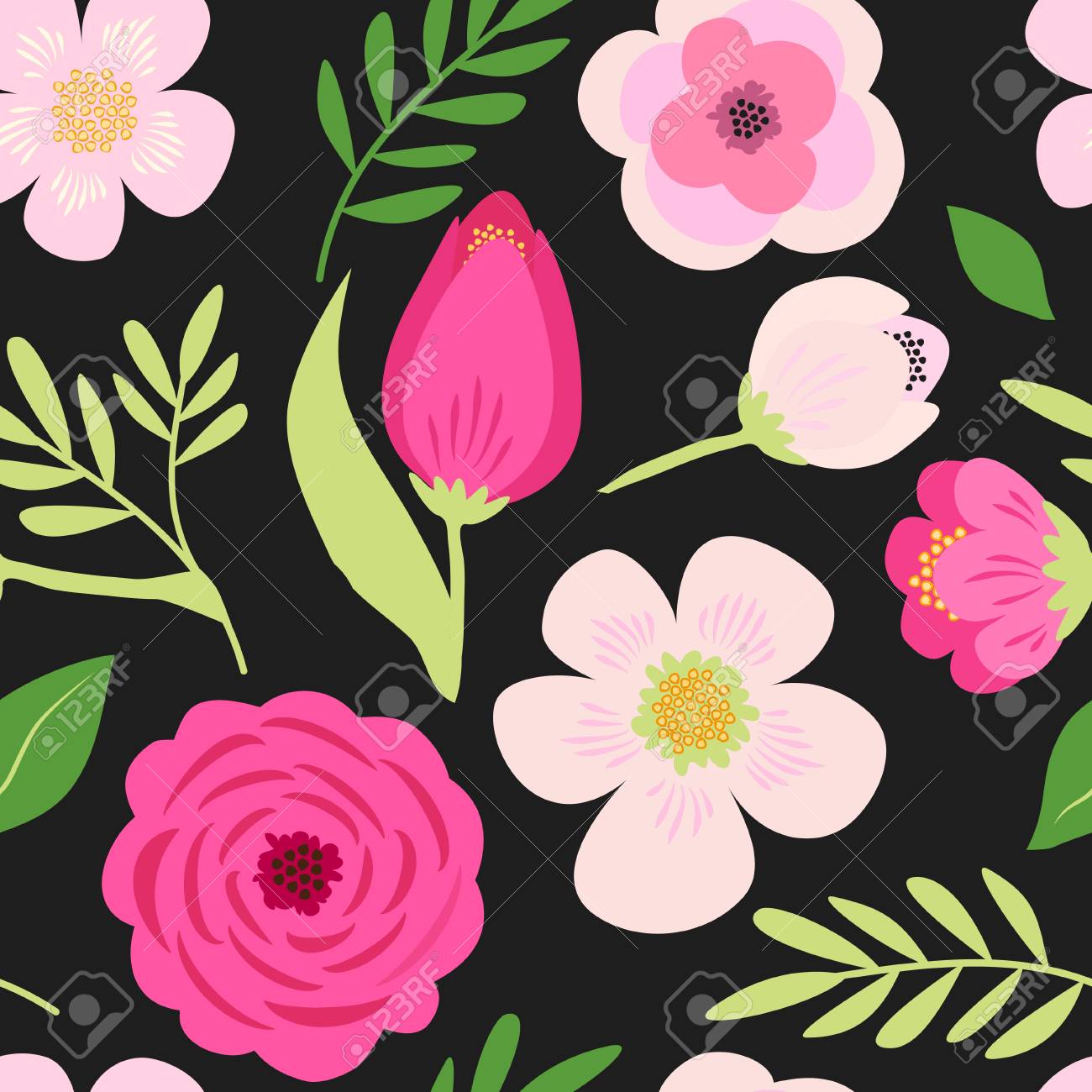 Cute seamless hand drawn spring pattern with primitive rustic flowers and leaves - 95342481 Cute seamless hand drawn spring pattern with primitive rustic flowers and leaves - 95342481