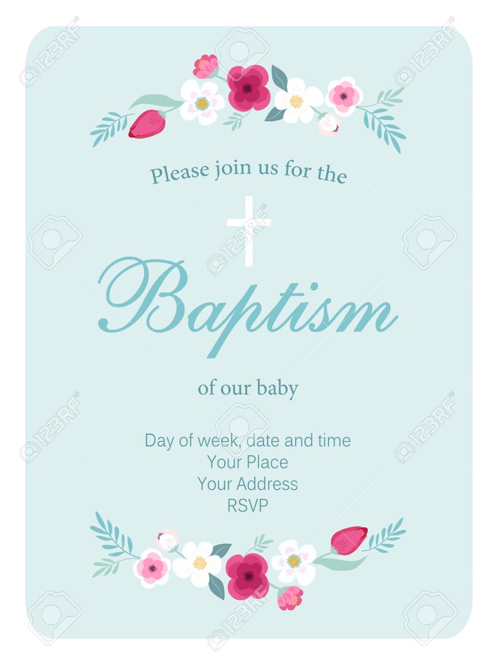 cute vintage baptism invitation card with hand drawn flowers royalty