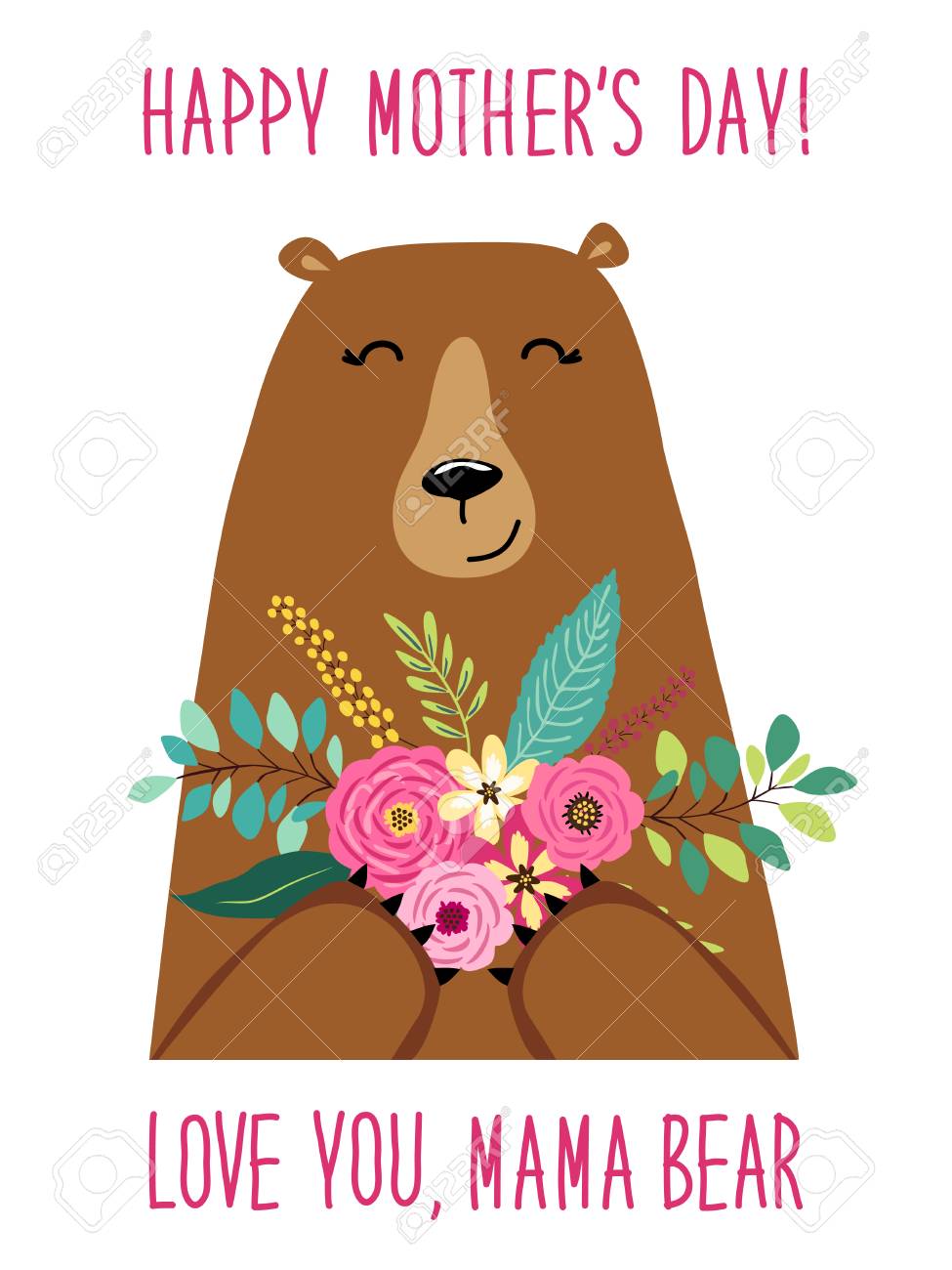 Cute Cartoon Mama Bear With Flowers Bouquet Mothers Day Card For Your Decoration Stock Vector Cute Cartoon Mama Bear With Flowers Bouquet Mothers Day Card For Your Decoration Stock Vector