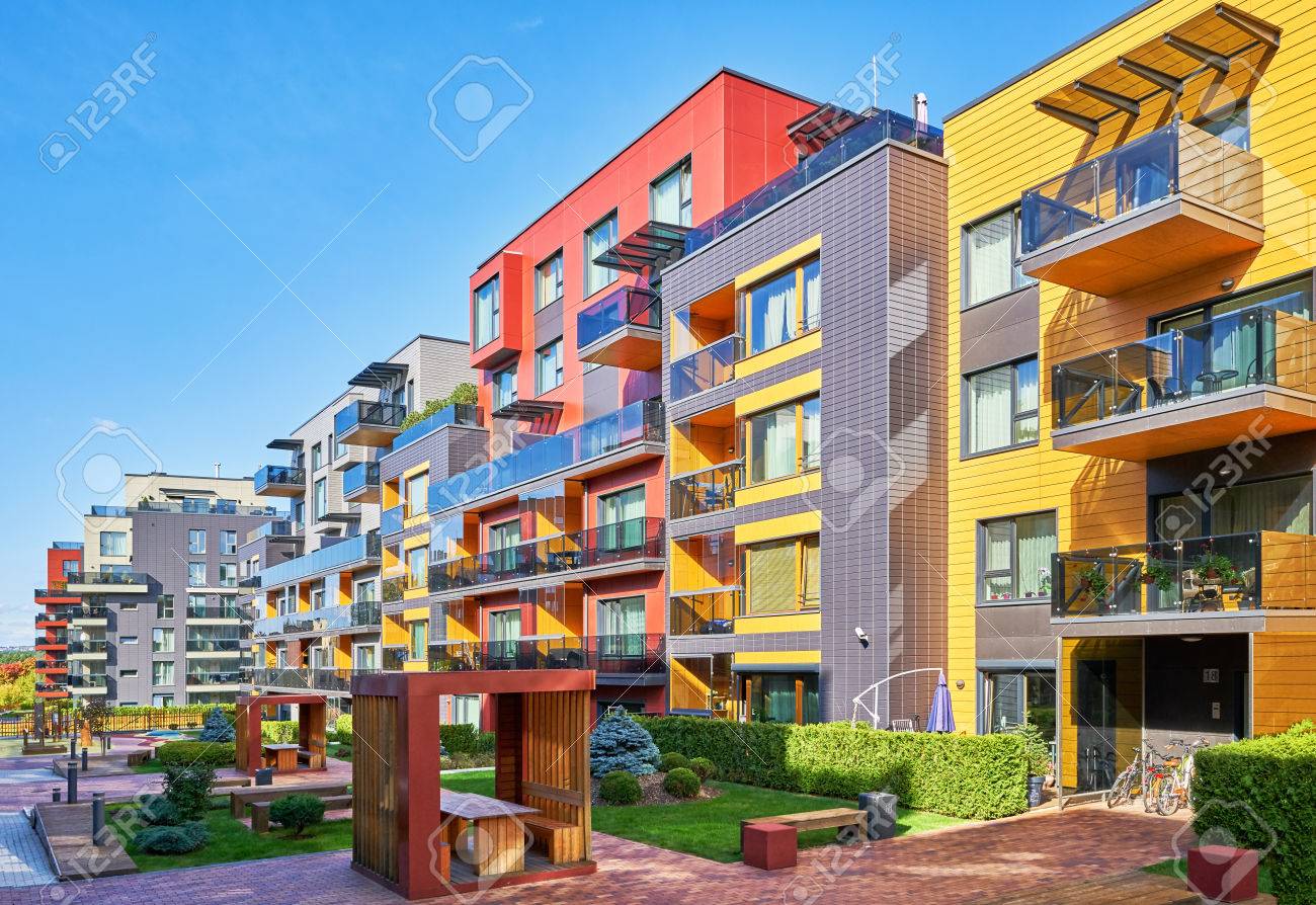 Modern complex of apartment residential buildings. With benches and outdoor facilities. - 66113966 Modern complex of apartment residential buildings. With benches and outdoor facilities. - 66113966