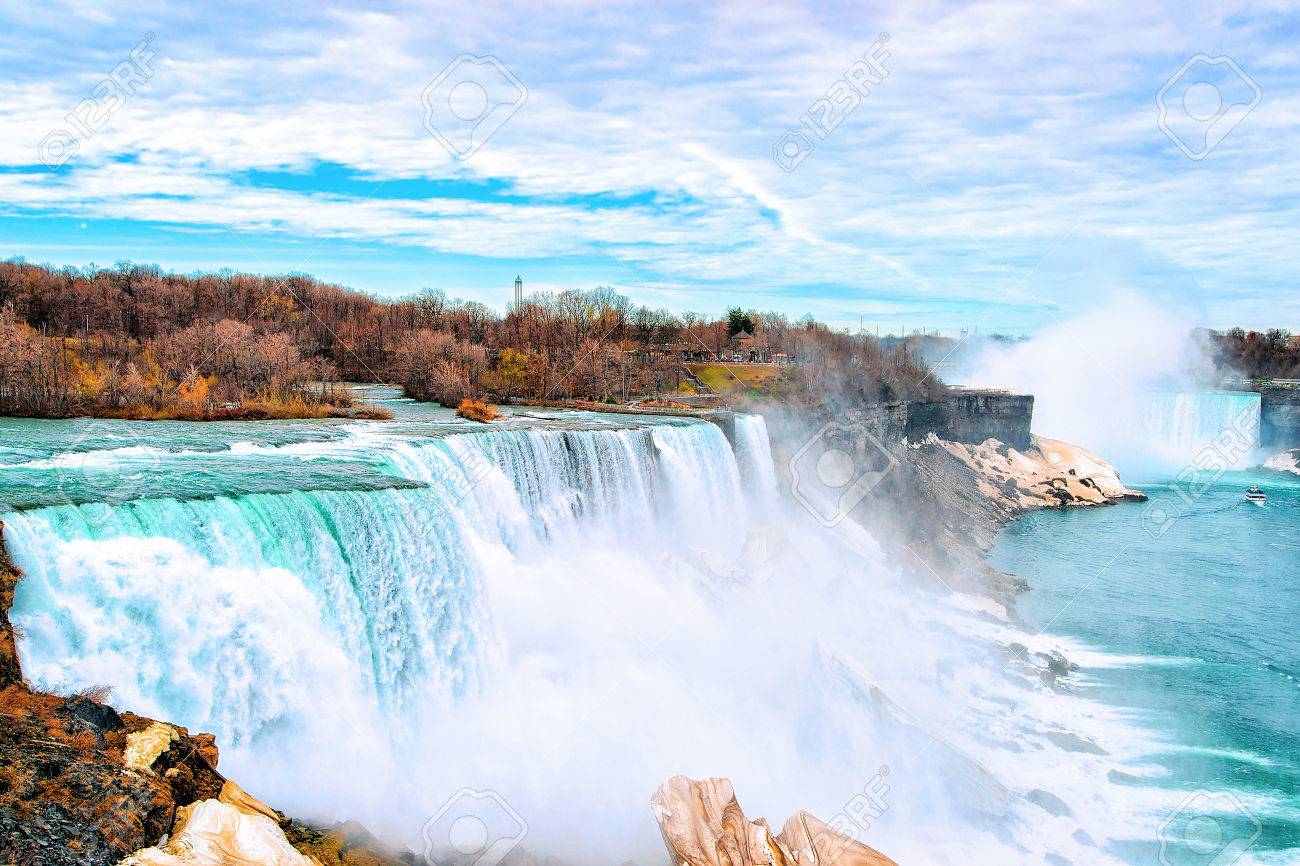 Niagara Falls, American side. A view on American Falls and Bridal Veil Falls. Nature. Early springtime - 83105972 Niagara Falls, American side. A view on American Falls and Bridal Veil Falls. Nature. Early springtime - 83105972