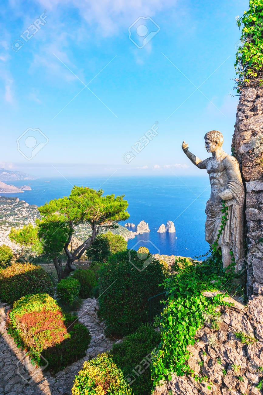 Statue and gardens of Capri Island in Tyrrhenian Sea, Italy - 91517796 Statue and gardens of Capri Island in Tyrrhenian Sea, Italy - 91517796