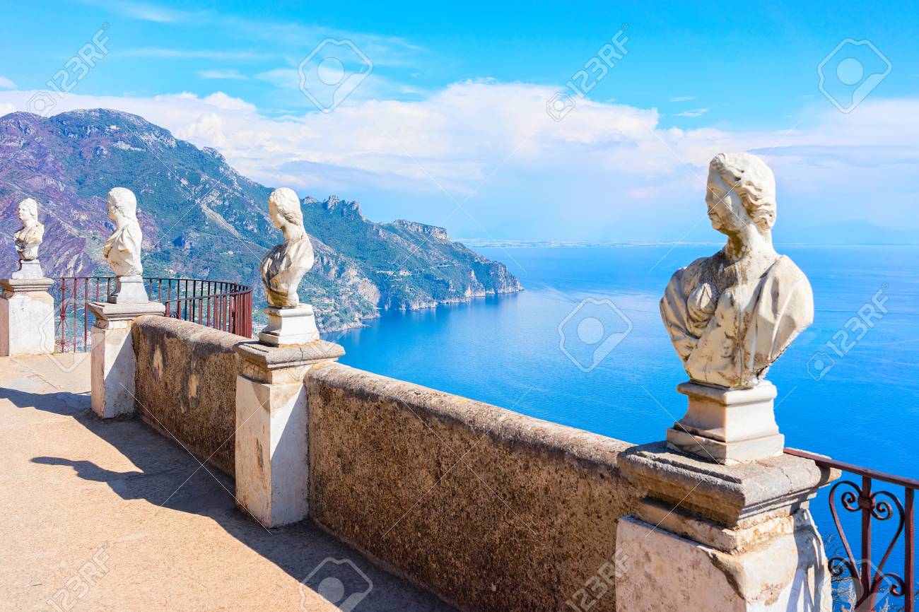 Sculptures at the terrace of Ravello village, Tyrrhenian sea, Amalfi coast, Italy - 92258038 Sculptures at the terrace of Ravello village, Tyrrhenian sea, Amalfi coast, Italy - 92258038