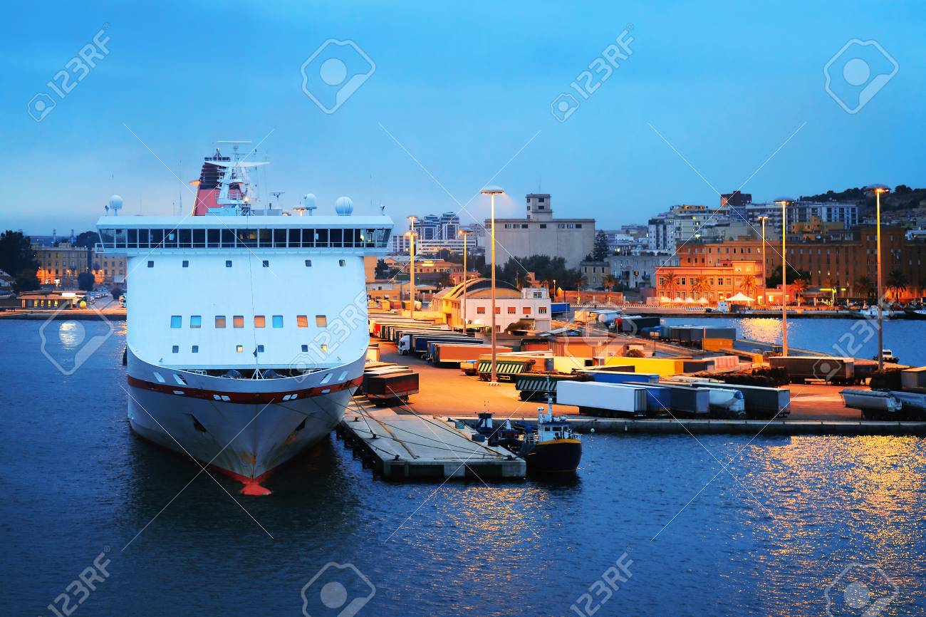 Large Car And Passenger Ferry In The Port Of Cagliari At Dusk Sardinia Italy Stock Photo Picture And Royalty Free Image Image 97655598