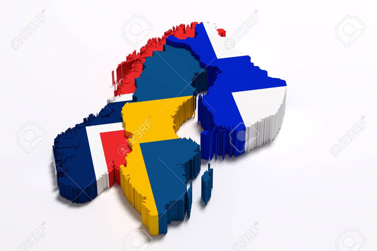 スカンジナビア半島の地図とフラグの 3 D レンダリング の写真素材 画像素材 Image