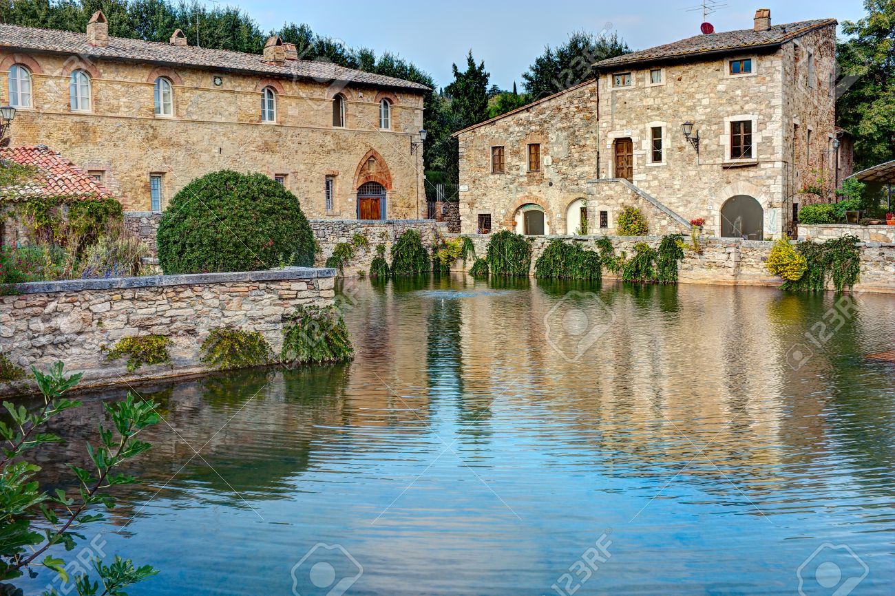 stock photo old thermal baths in the medieval village bagno vignoni tuscany italy spa bassin in the antique italian town