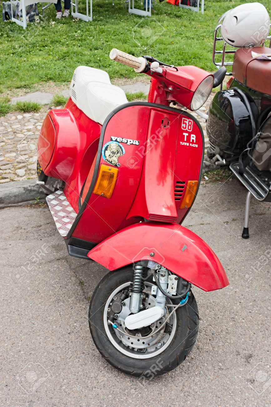Italian Scooter Tuning Vintage Vespa Modified With Disc Brake At Motorcycle Rally Italian Scooter Tuning Vintage Vespa Modified With Disc Brake At Motorcycle Rally