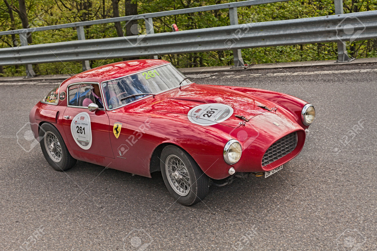 vintage racing car Ferrari 250 MM (1953) in rally Mille Miglia..