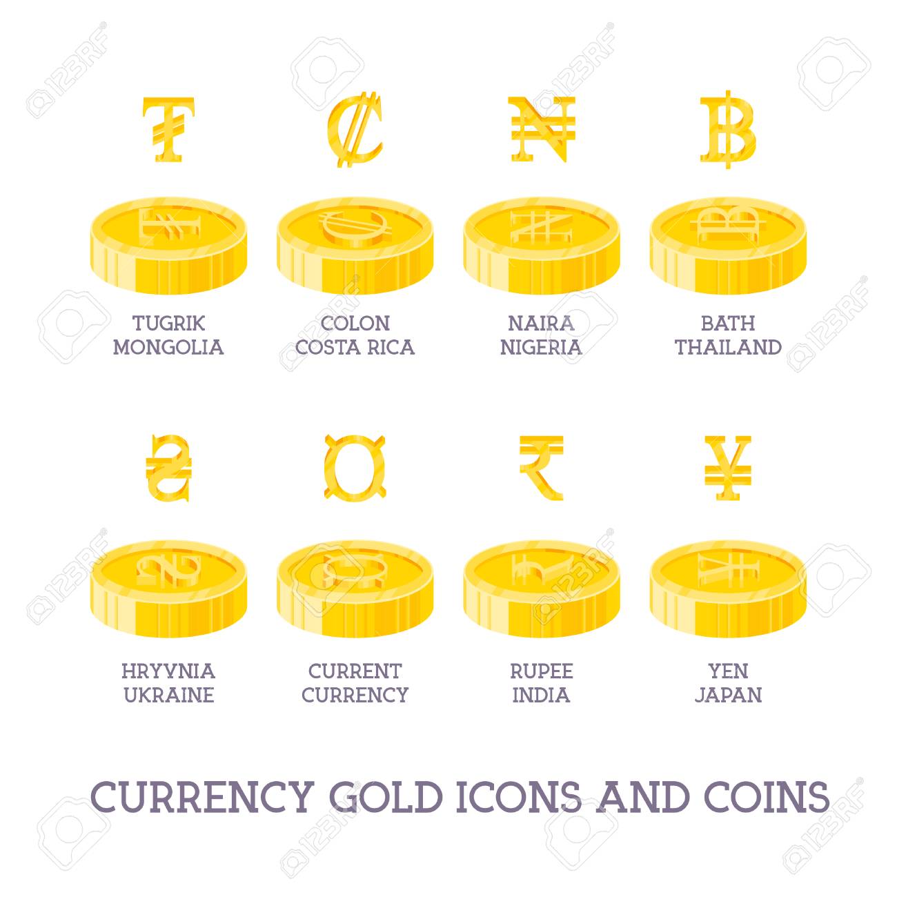 世界の通貨記号とコイン。お金と金と銀のアイコンの大きなセットシンボル - ドル、ユーロ、円、ルーブル、ポンド、白い背景に隔離されたビットコイン。ビジネスとファイナンスのテーマのイラスト素材・ベクター  Image 95484869