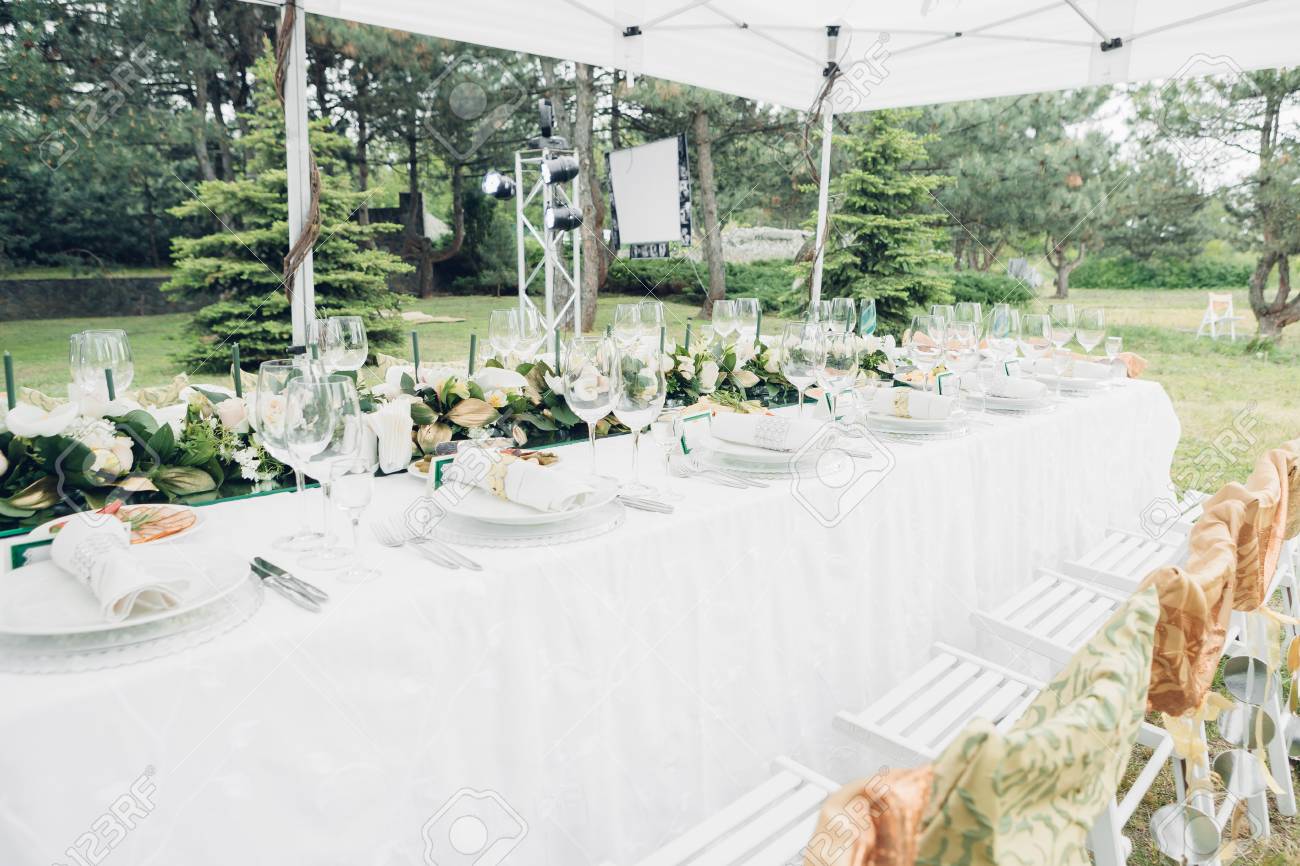 table for wedding reception in the open air stock photo picture and open seating at wedding reception