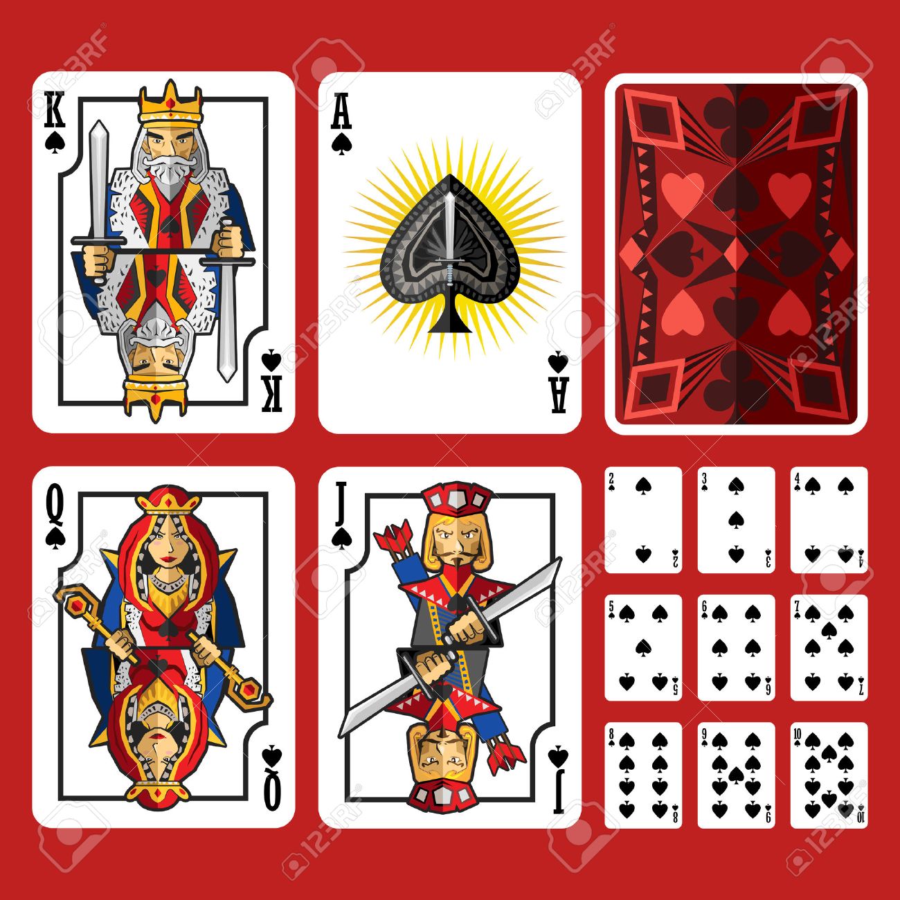 Spade Suit Playing Cards Full Set Include King Queen Jack And